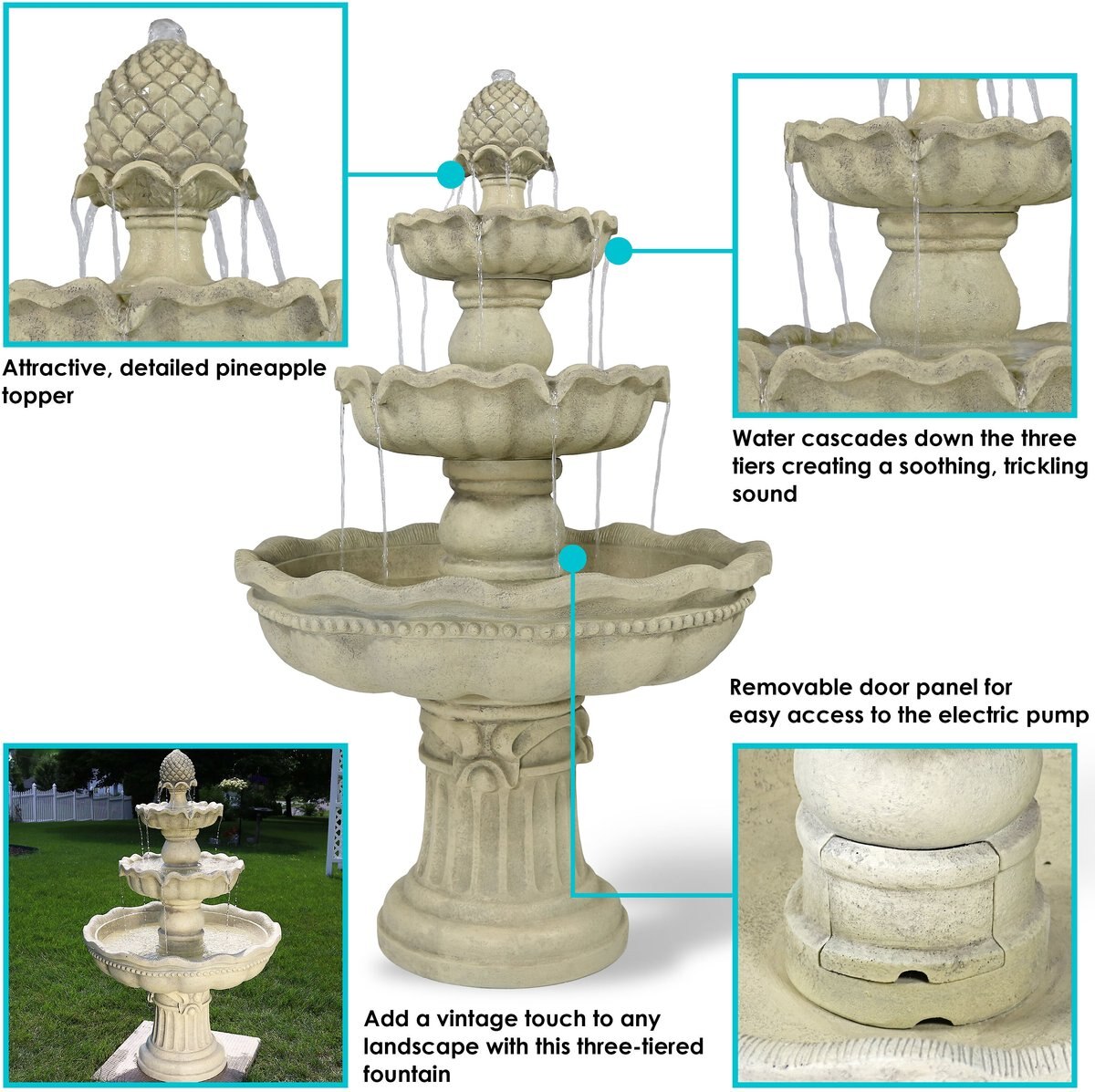 Sunnydaze Decor 3-Tier Pineapple Outdoor Water Fountain