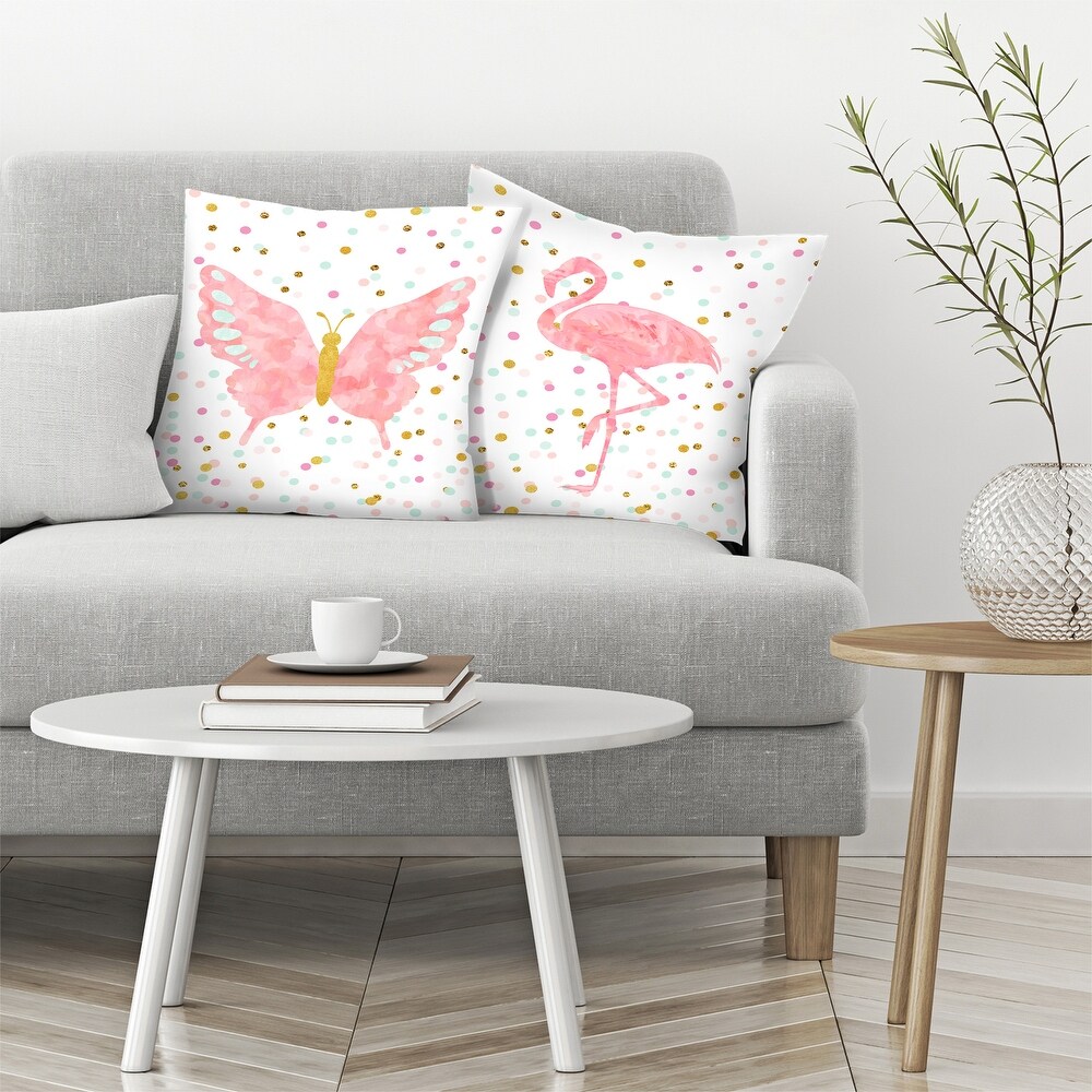 Butterfly and Pink Flamingo on Confetti   Set of 2 Decorative Pillows