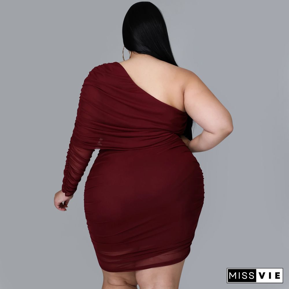 Plus Size Mesh Solid Single Sleeve Bodycon Dress