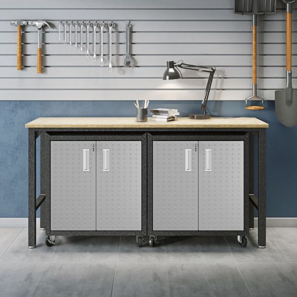 3-Piece Fortress Mobile Space-Saving Garage Cabinet and Worktable 1.0 in Grey