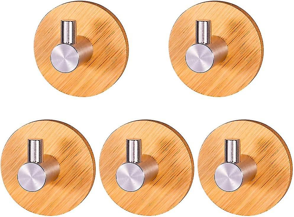 Wooden Towel Hooks，5 Pcs Towel Rack Wooden Self Adhesive Hooks 304 Stainless Steel And Bamboo Wall Hooks Self Adhesive