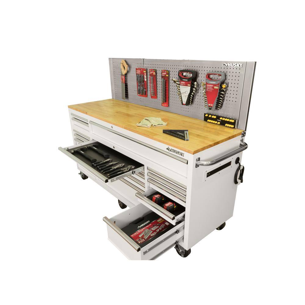 Husky 72 in. W x 24 in. D 18-Drawer Standard Duty Mobile Workbench Tool Chest with Solid Wood Top and Pegboard in Gloss White HOTC7218BJ2M