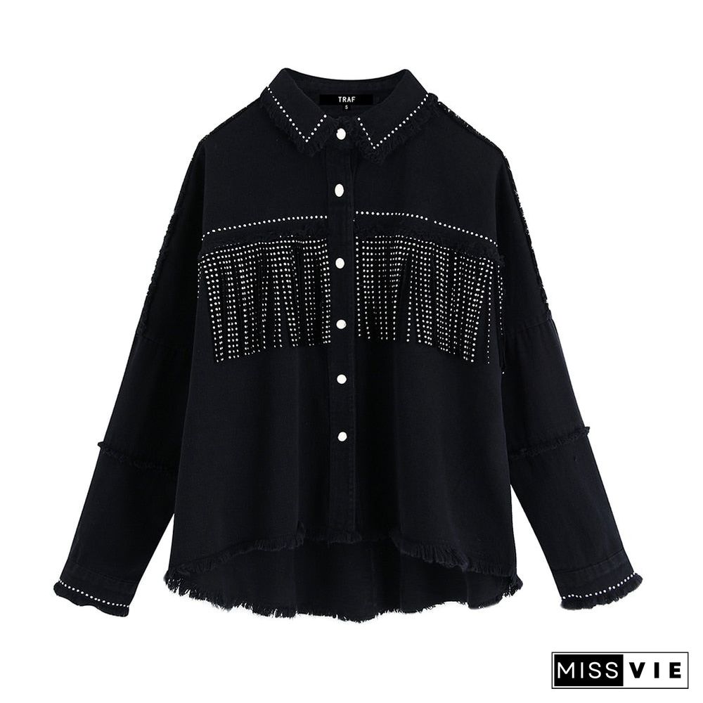 Women Stylish Tassel Beaded Oversized Denim Jacket Coat Vintage Fashion Long Sleeve Frayed Trim Outerwear Chic Loose Tops