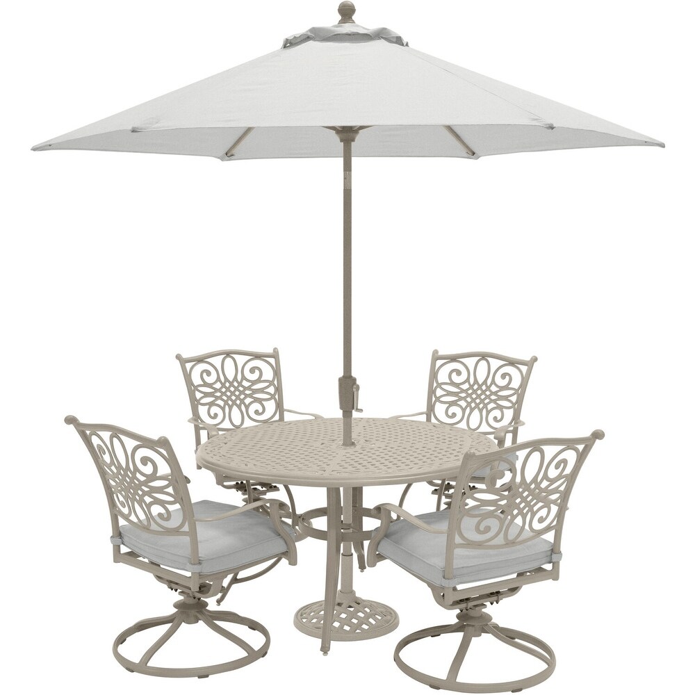 Hanover Traditions 5 Piece Dining Set with 4 Swivel Rockers and 48 in. Cast top Table  9 Ft. Umbrella and Stand