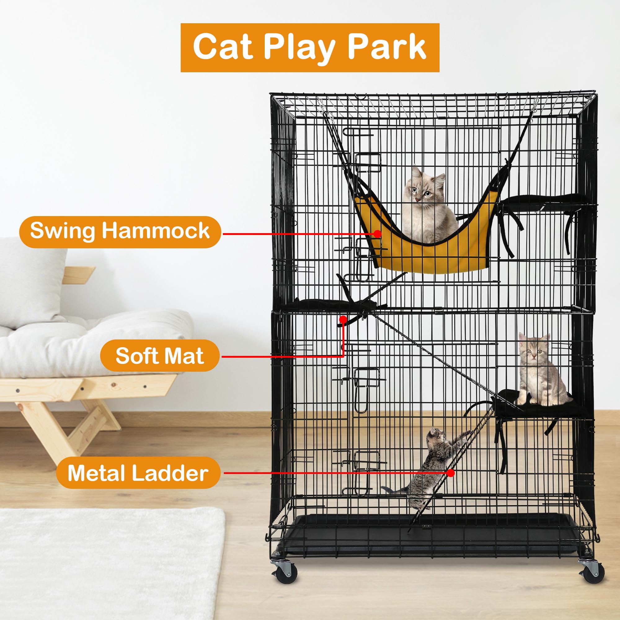 YRLLENSDAN 4-Tier Large Cat Cage， Ferret Chinchilla Cage Playpen Crate Enclosure Kennel Cat Home on Wheels Cat Cages and Playpens Indoor Outdoor 3X Ramp Ladders/1x Hammock