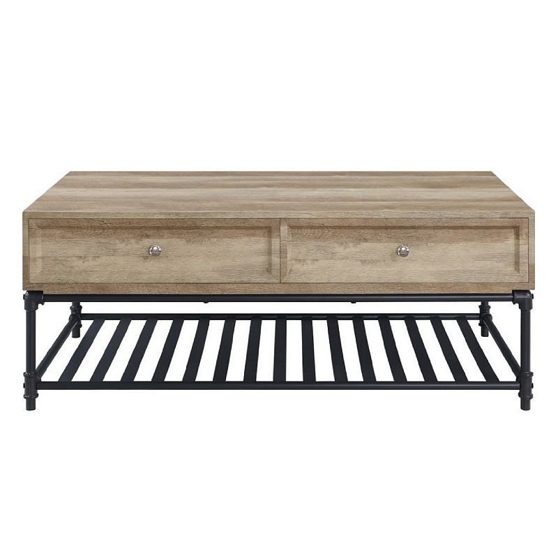 Ley 47 Inch Coffee Table， 2 Drawers， Industrial Design， Slatted Shelf， Oak