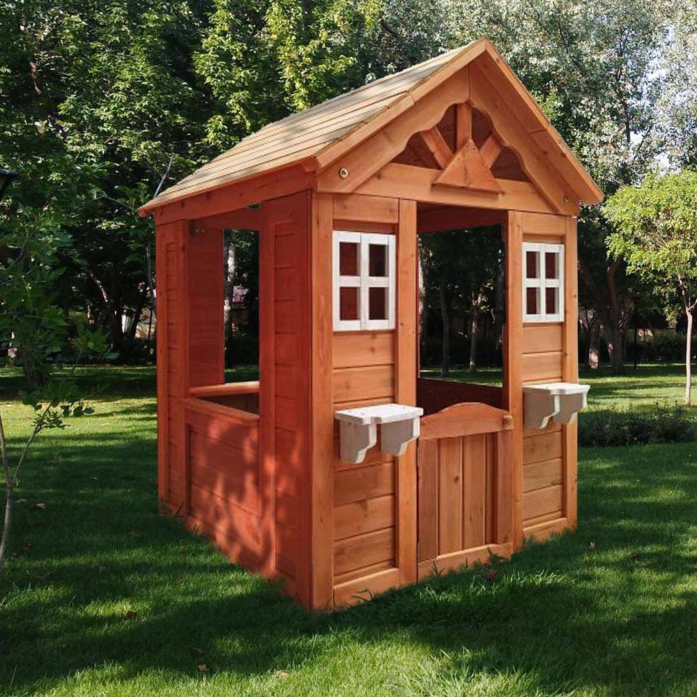 Golden Outdoor Wood Playhouse with 2-Windows and Flowerpot Holder BF1663C496