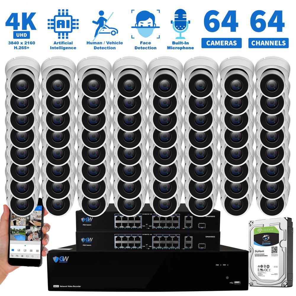 GW Security 64-Channel 8MP 16TB NVR Smart Security Camera System w64 Wired Turret Cameras 3.6 mm Fixed Lens Artificial Intelligence GW8536MIC64-16T