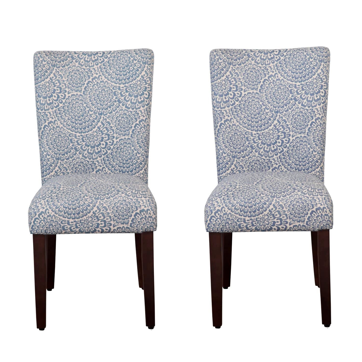 Wooden Parson Dining Chairs with Floral Patterned Fabric Upholstery， Set of Two， Blue and White - as picture