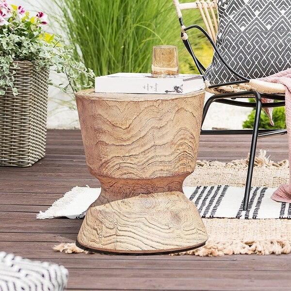 14.6 Inch Round Accent Table， Faux Wood Stump Stool， Patio End Table， Garden Stool， Plant Stand， Wood Grain Finish