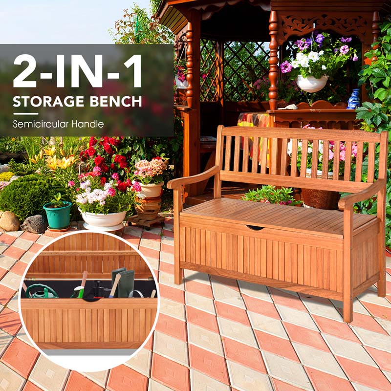 42 Wooden Patio Storage Bench Outdoor Storage Deck Box with Waterproof Inner Bag