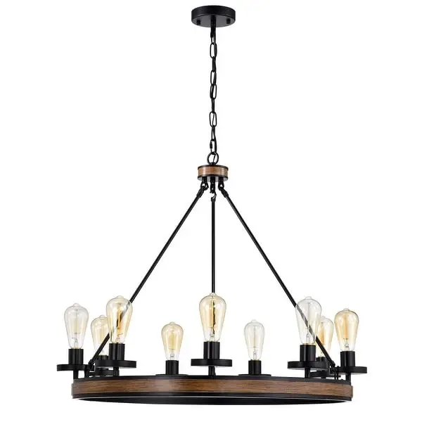 Aada Matte Black Metal 9 Light Wood Grain Finish Wagon Wheel Chandelier 32-Inch Shopping - The Best Deals on Chandeliers