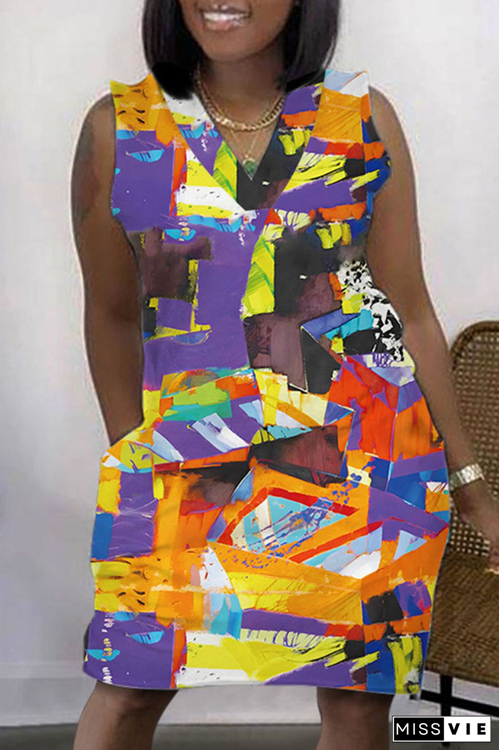 Multicolor Casual Print Patchwork V Neck Sleeveless Dress Dresses