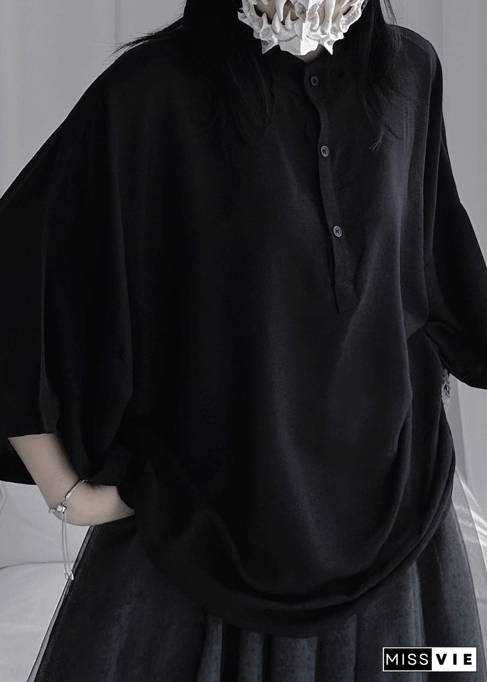 Plus Size Black Stand Collar Button Shirt Long Sleeve