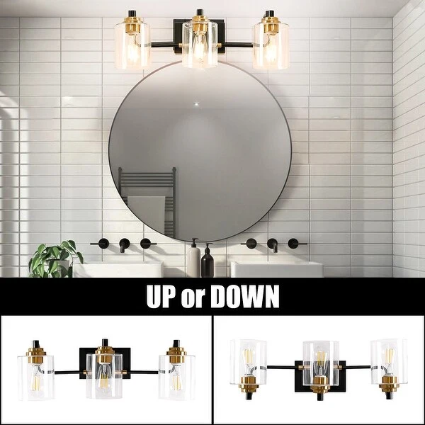 Black and Brass Finish 3-Light Modern Vanity Light with Clear Glass Shades - 22.8 in. W x 6.9 in. D x 7.7 in. H