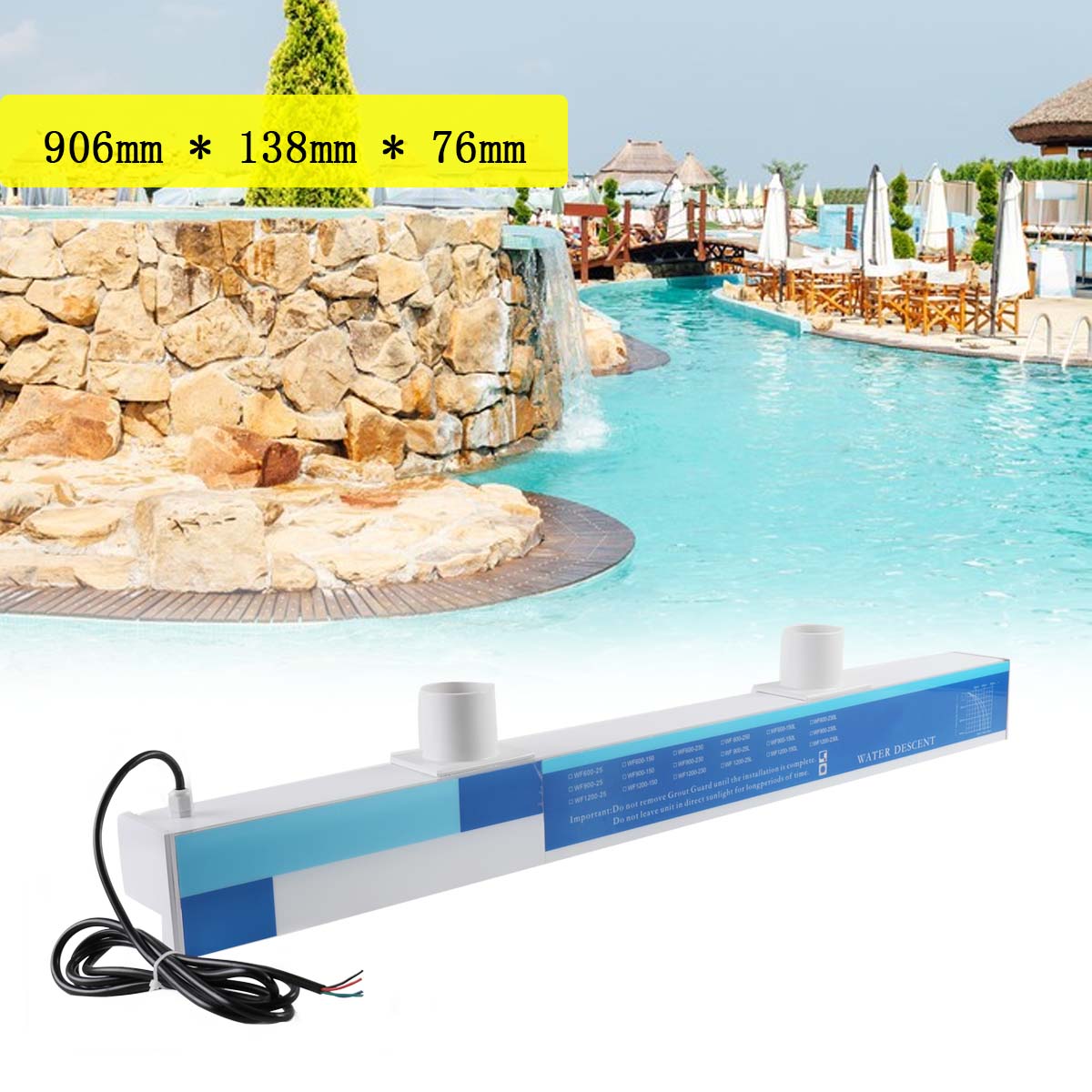 SUDEG Pool Fountain with LED Strip Light Rectangular Pool Waterfall Spillway for Garden(35.7 x 5.4 x 3 inch)