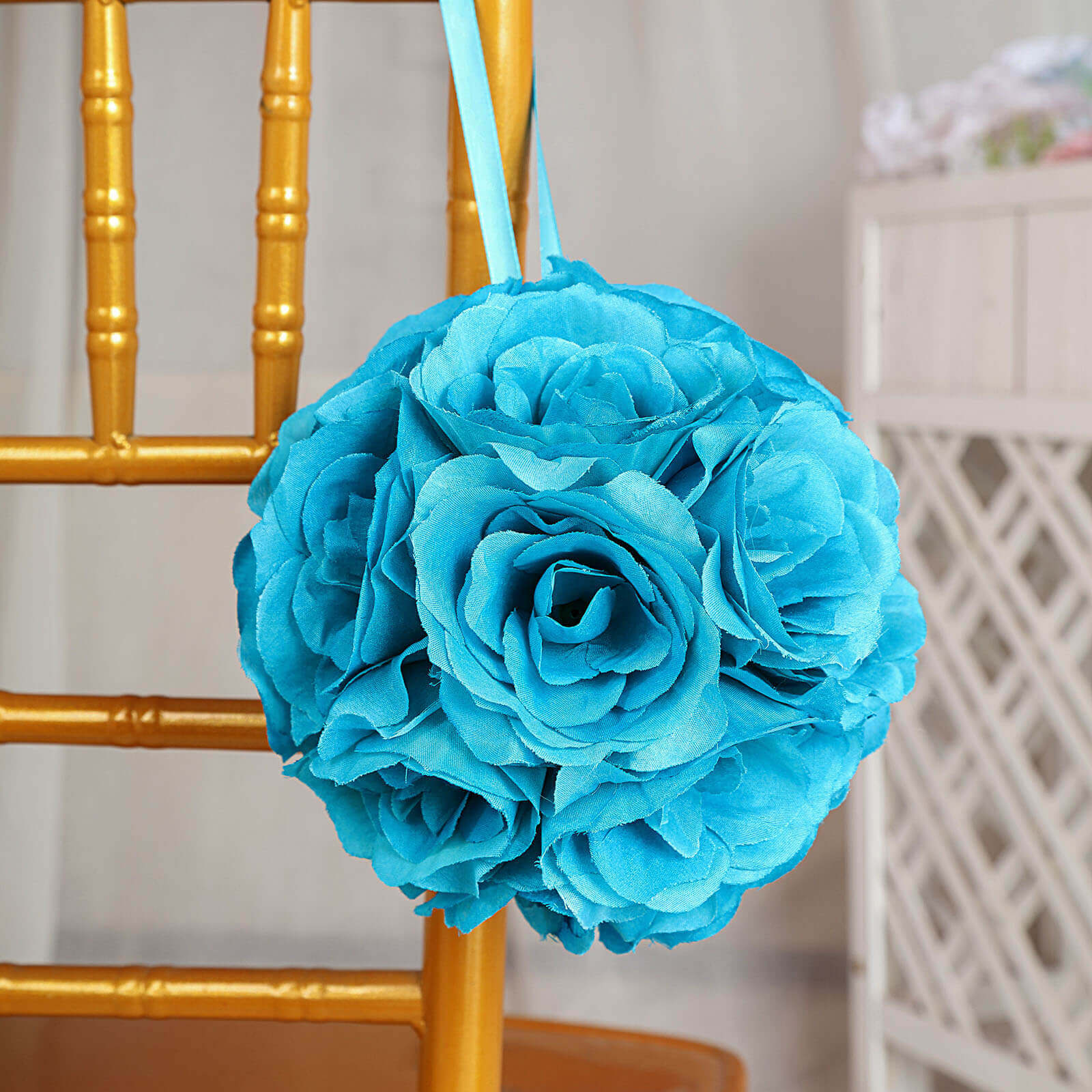 2 Pack Turquoise Artificial Silk Rose Kissing Ball, Faux Flower Ball 7