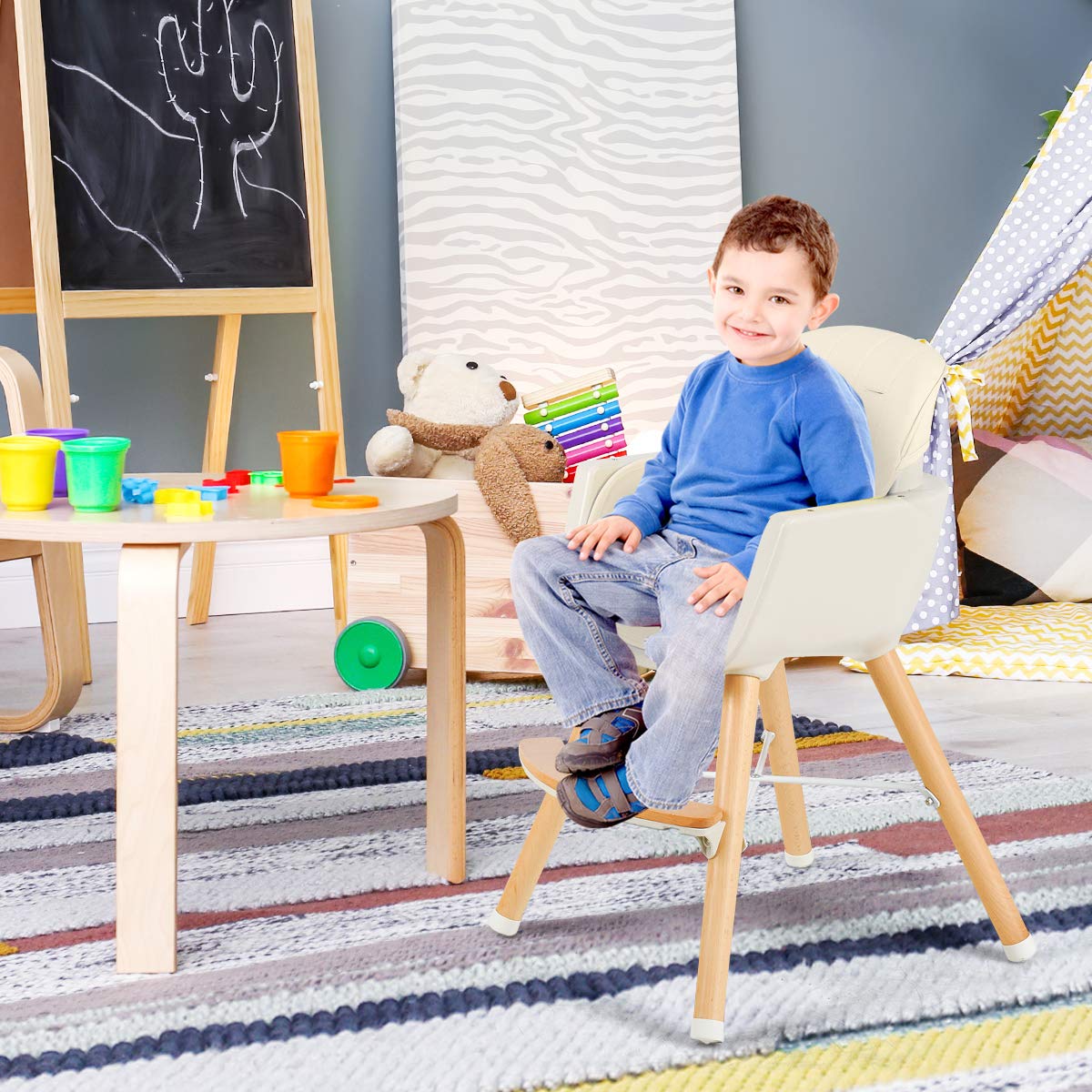 BABY JOY Convertible Baby High Chair, 3 in 1 Wooden Highchair/Booster/Chair with Removable Tray (Beige)