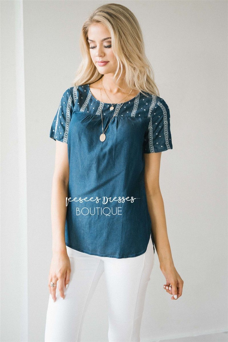 Embroidered Chambray Top