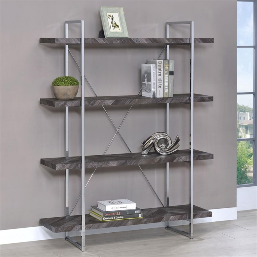 Coaster Grimma 4 shelf Wood Bookcase Rustic Gray Herringbone   Contemporary   Bookcases   by Homesquare  Houzz