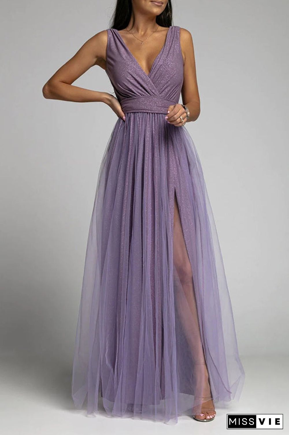 It'S My Day Light Tulle Slit Maxi Dress