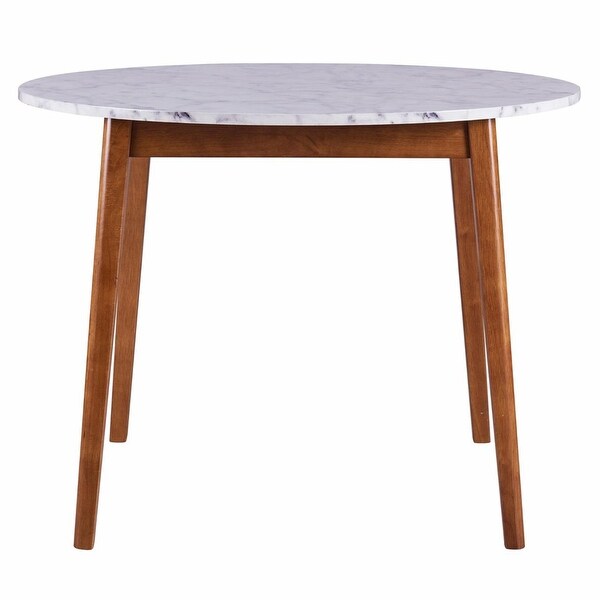 Wooden Round Dining Table with Faux Marble Top， White/Walnut