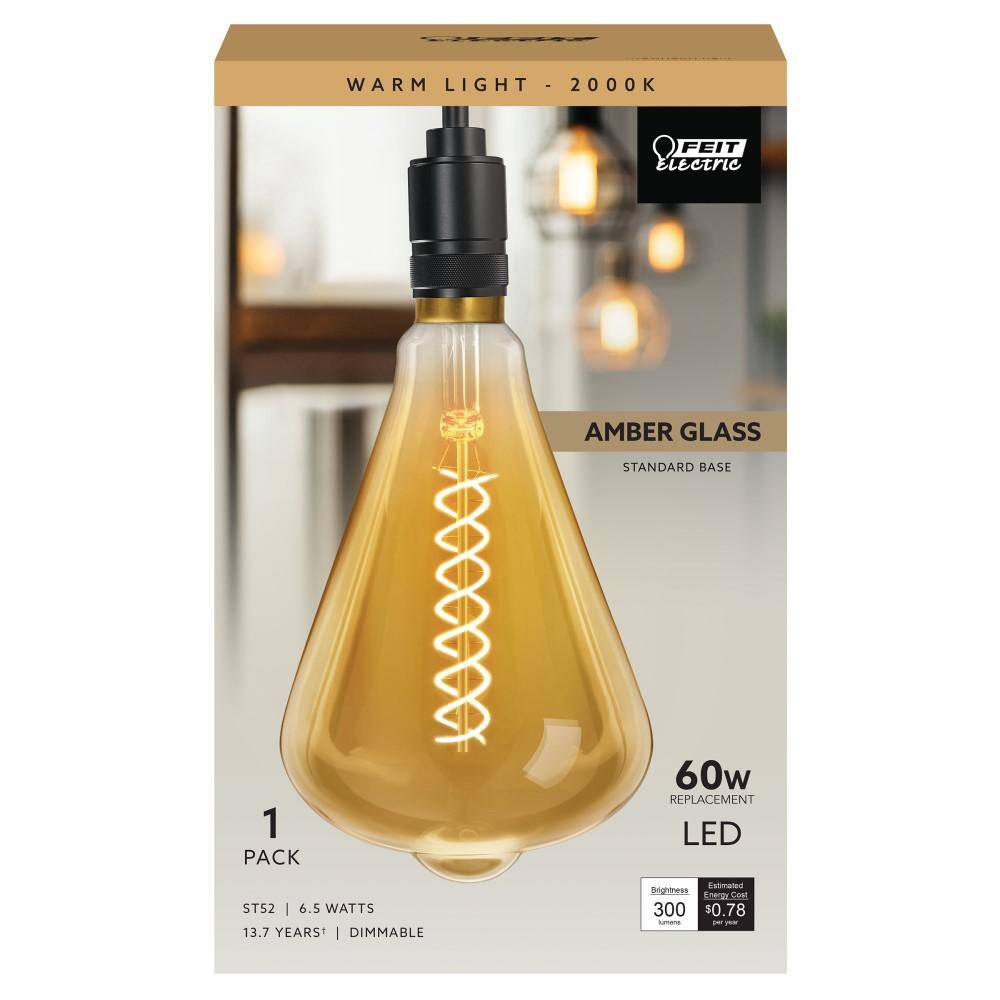 Feit Electric 60-Watt Equivalent ST52 Dimmable Spiral Filament Oversized Amber Glass E26 LED Vintage Edison Light Bulb Warm White ST52S820LED