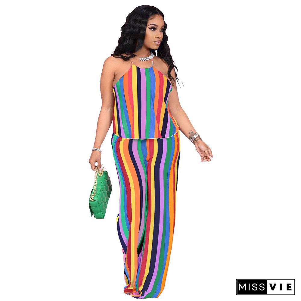 Fashion Color Striped Printing Women Plus Size Halter Sleeveless Crop Tops Loose Pants Summer 2 Piece Set