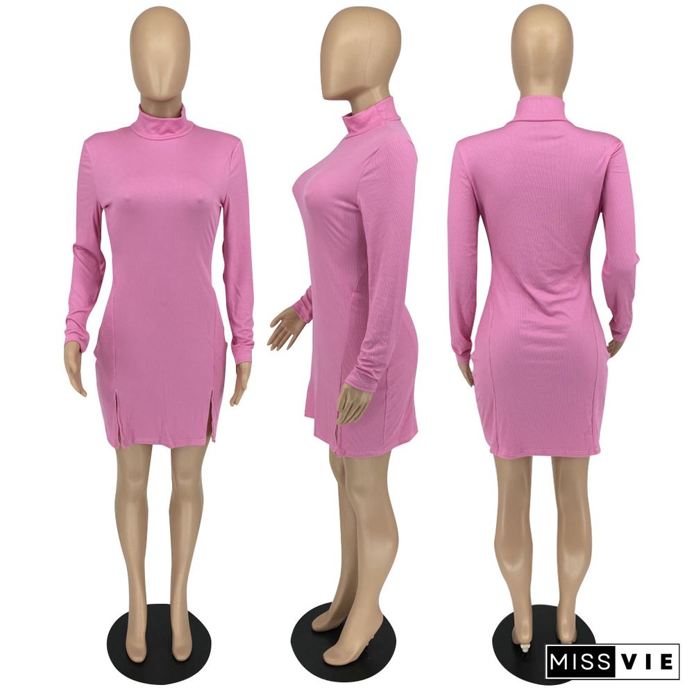 Autumn New Arrivals Sexy Solid Color Turtleneck Long Sleeve Bodycon Slim Party Mini Dress