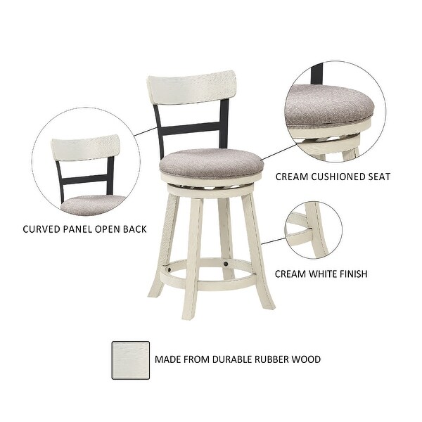 24 Inch Handcrafted 360 Degree Swivel Counter Stool， Curved Open Back， White Wood Frame， Cream Cushioned Seat