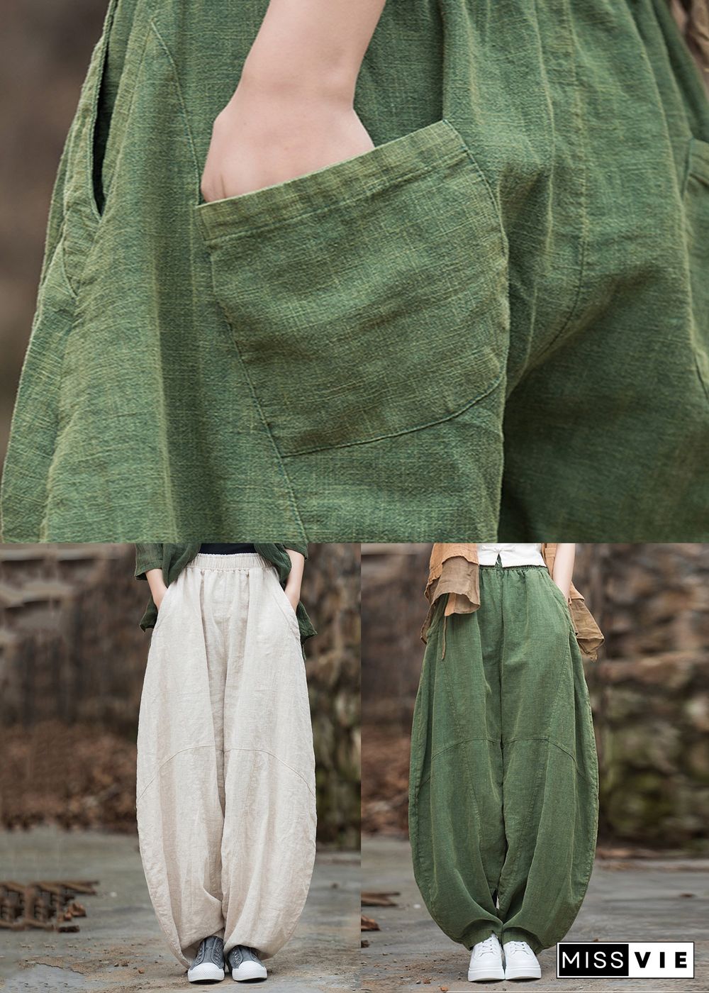 Beige Pockets Patchwork Linen Lantern  Pants Elastic Waist Fall