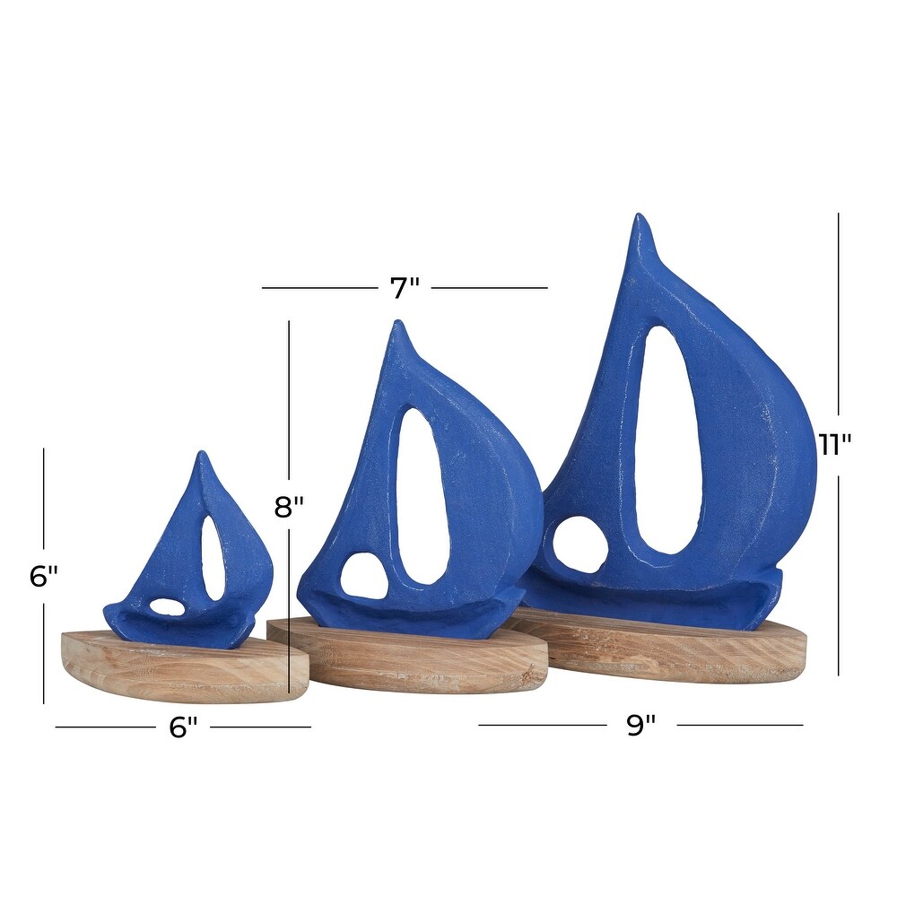 White or Blue Wood Sail Boat Sculpture with Wood Base (Set of 3)   S/3 11\