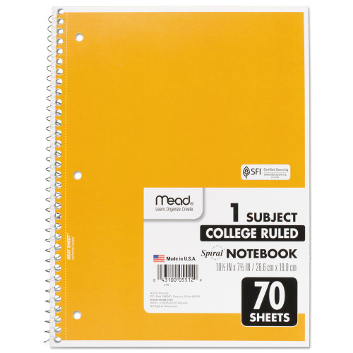 Mead Spiral Notebook， 1 Subject， Medium/College Rule， Assorted Color Covers， 10.5 x 7.5， 70 Sheets (05512)