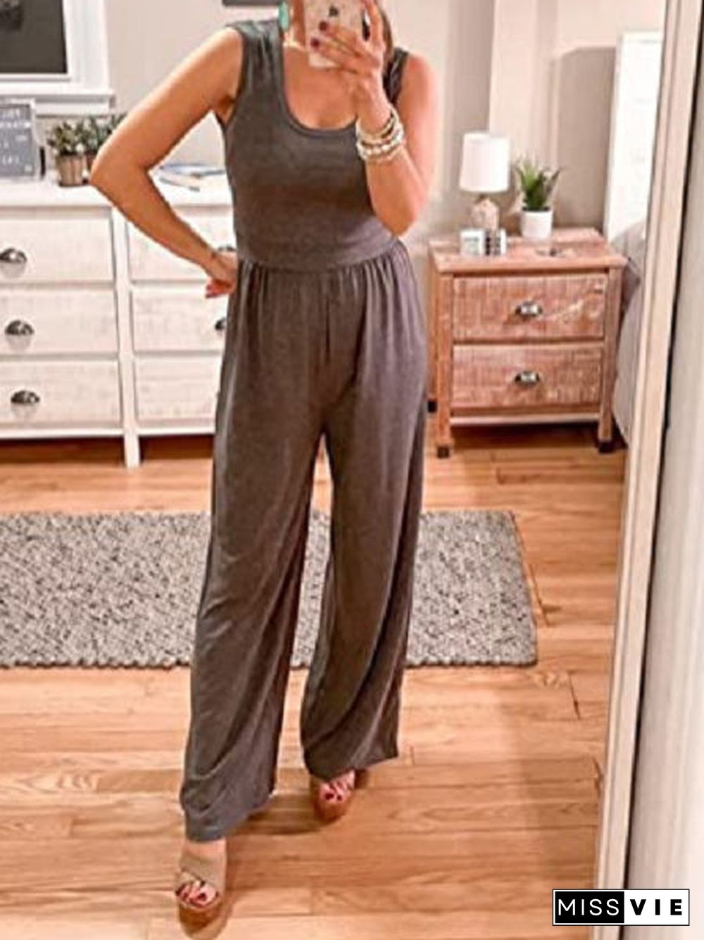 Women'S Jumpsuits Casual U-Neck Sleeveless Wide-Leg Jumpsuit