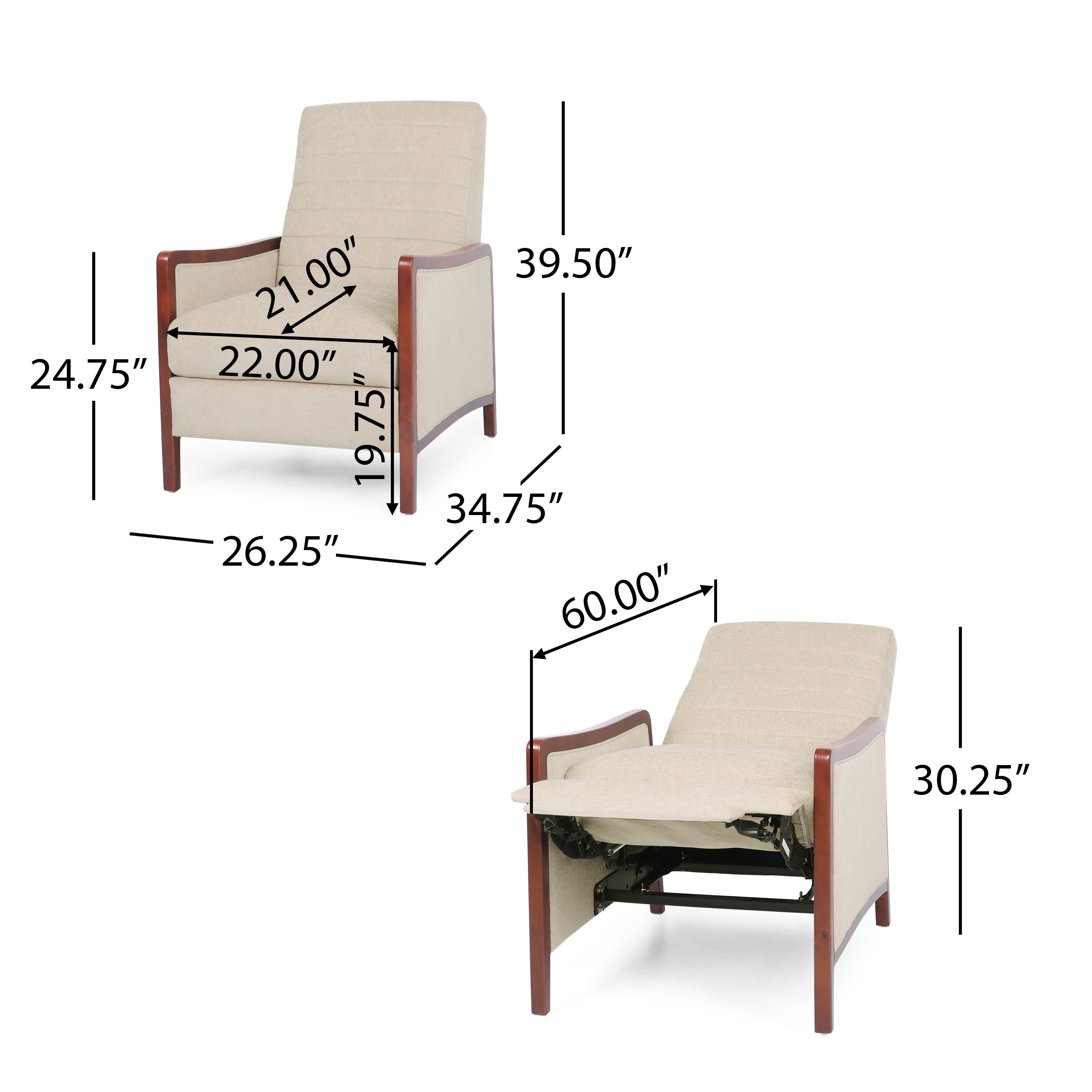 Mendota Mid Century Modern Fabric Channel Stitch Wood Pushback Recliner