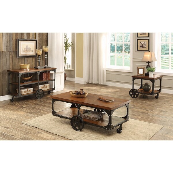 Wood End Table with Casters， Rustic Brown