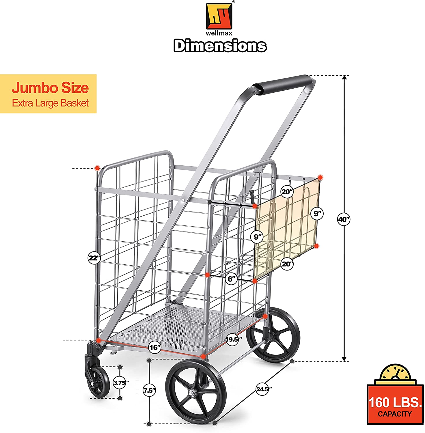 Wellmax Shopping Cart with Wheels, Metal Grocery Cart with Wheels, Shopping Carts For Groceries