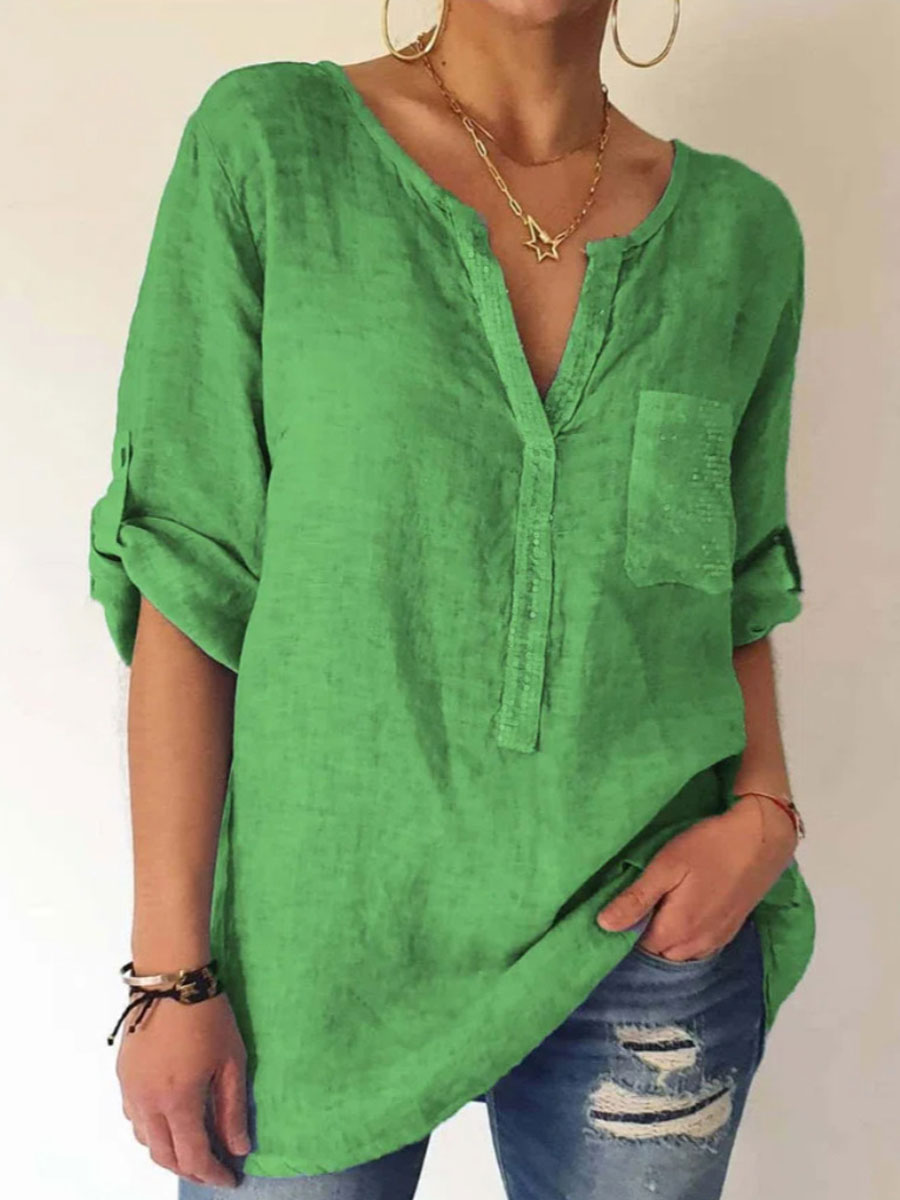 Round Neck Casual Loose Solid Color Long-sleeved Blouse