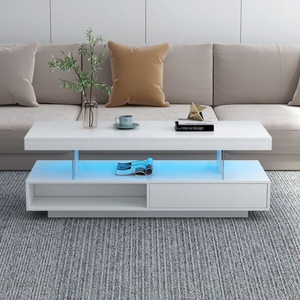 Modern Center Table with 2 Drawers LED Lights and Display Shelves