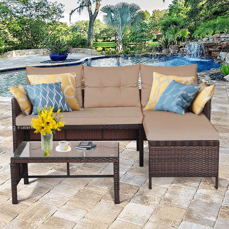 3 Pcs Rattan Patio Furniture Set Outdoor Conversation Sofa Set with Loveseat Chair & Coffee Table