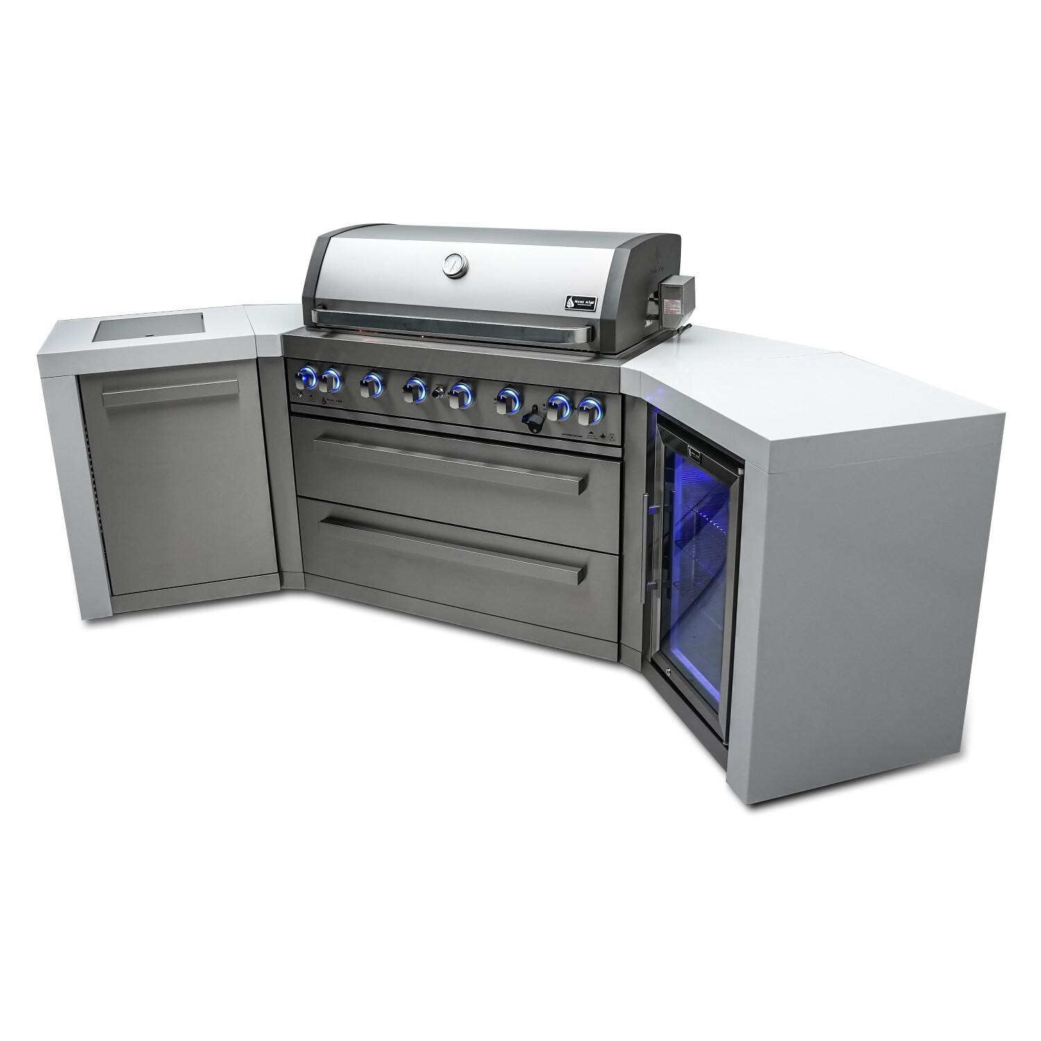 Mont Alpi 805 Deluxe 45 Degree Propane Gas Island Grill W/ Refrigerator Cabinet， Infrared Side Burner， and Rotisserie Kit