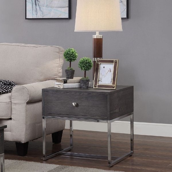 Wood End Table with a Drawer in Gray Oak and Chrome