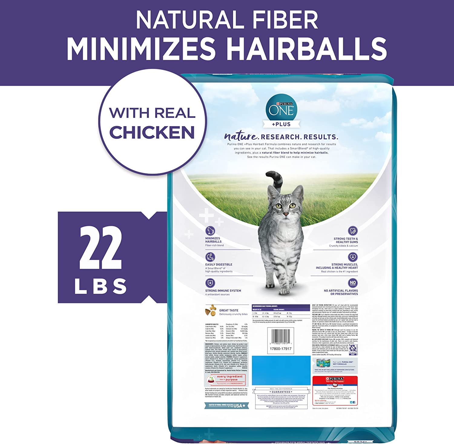 Purina ONE Natural Dry Cat Food for Hairball Control， +PLUS Hairball Formula - 22 lb. Bag