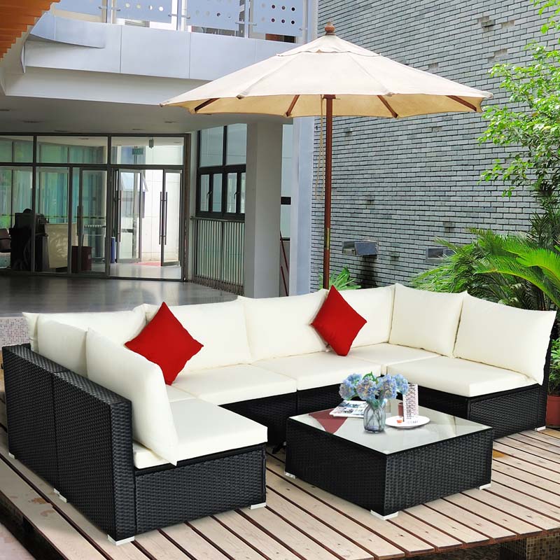 7 Pcs Rattan Patio Furniture Sectional Sofa Set Outdoor Wicker Conversation Set with Back & Seat Cushions Pillows