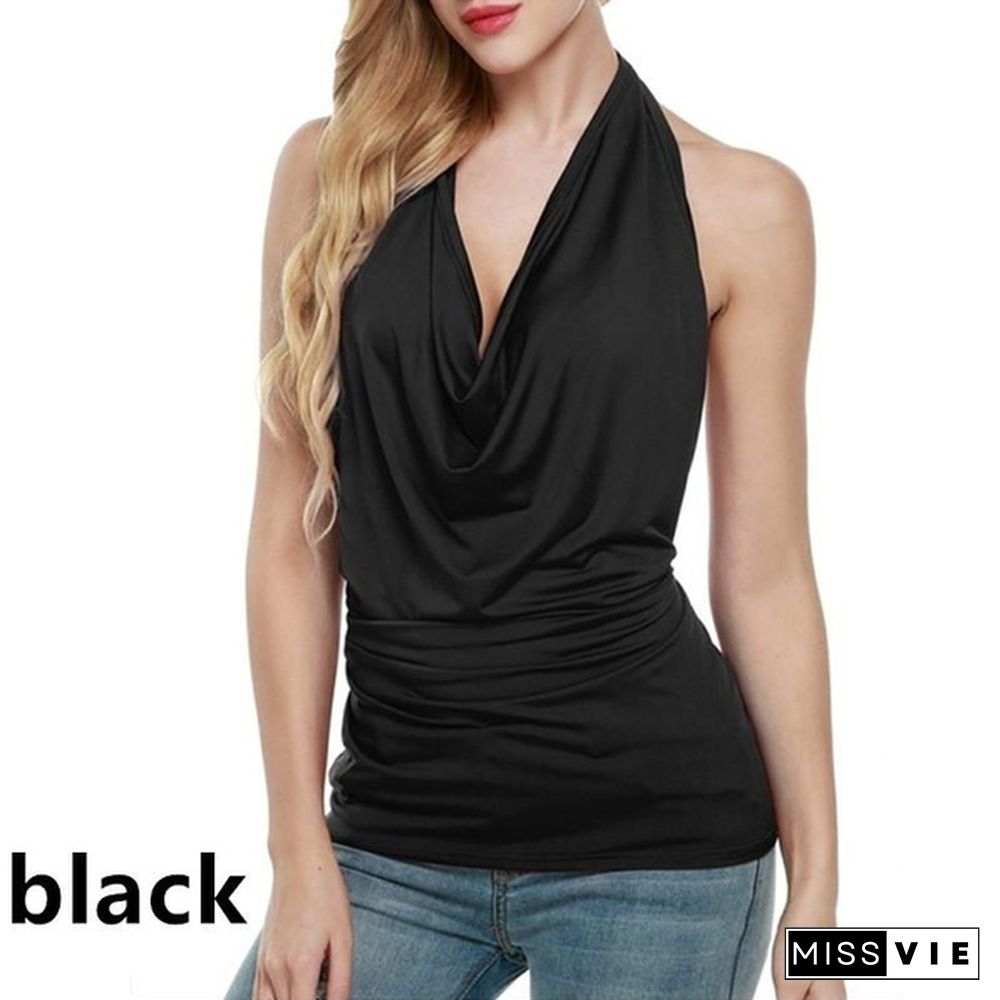 Women Sexy Summer Halter Cowl Neck Sleeveless Ruched Tank Tops Backless Solid Tops