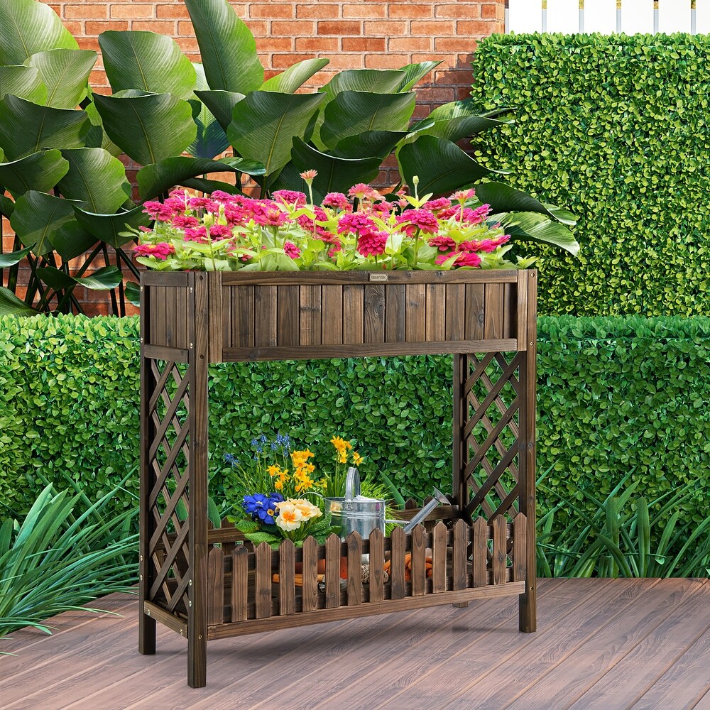 Costway 2 Tier Wood Raised Garden Bed Elevated Planter Box for   35.5''x 12''x 35.5''