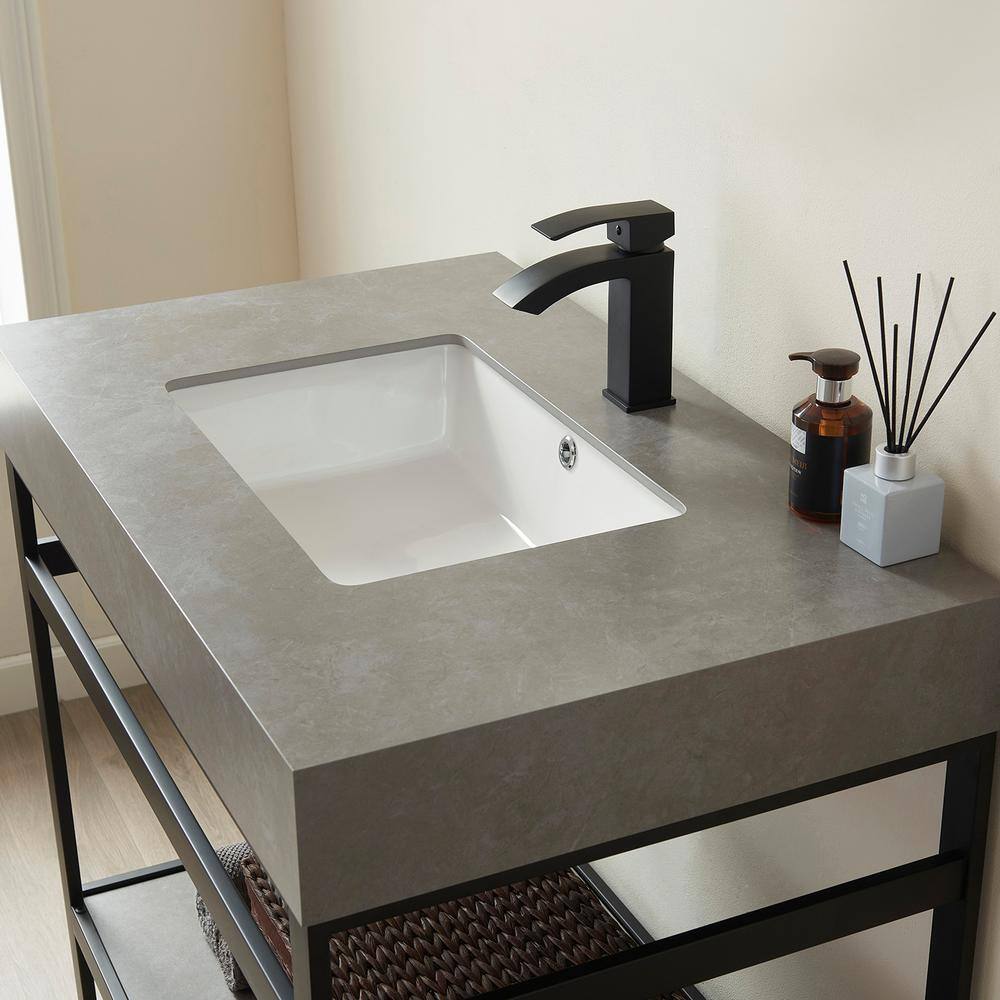 ROSWELL Funes 36 in. W x 22 in. D x 33.9 in. H Single Sink Bath Vanity in Matt Black Metal Stand with Grey Sintered Stone Top 802536-TB-WKN