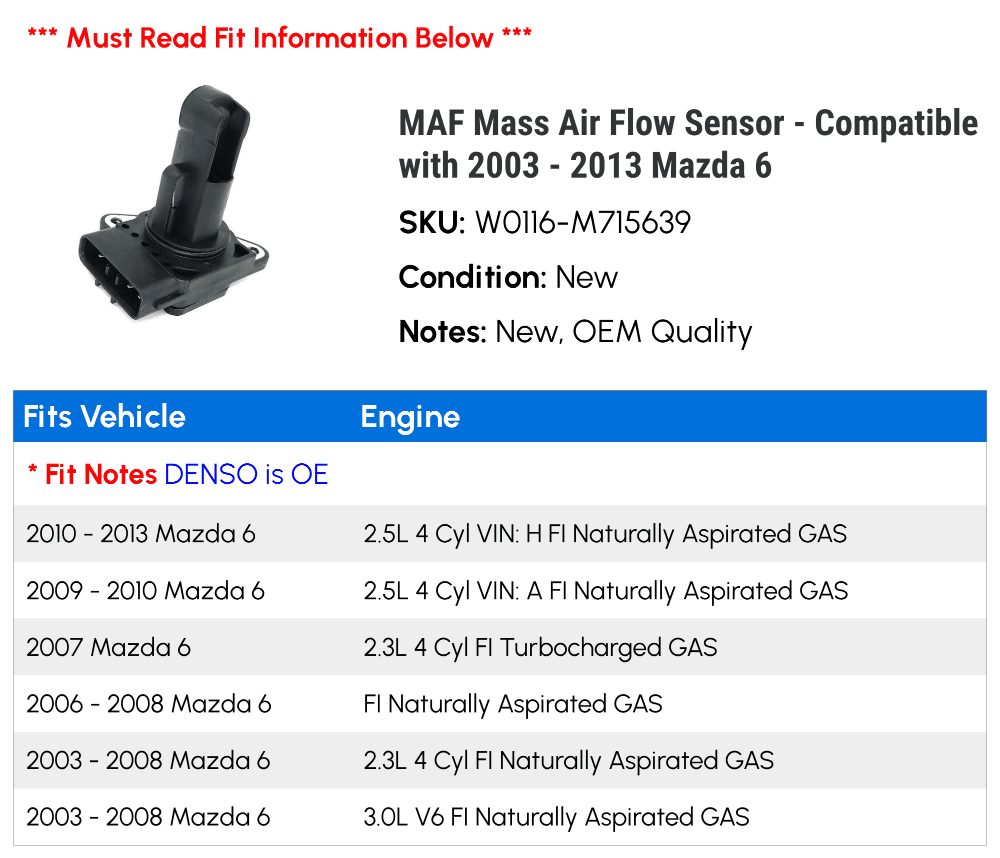 MAF Mass Air Flow Sensor - Compatible with 2003 - 2013 Mazda 6 2004 2005 2006 2007 2008 2009 2010 2011 2012