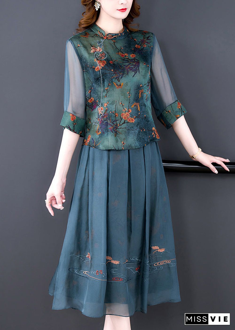 Women Green Embroideried Button Silk Shirts And Maxi Skirts Two Pieces Set Half Sleeve