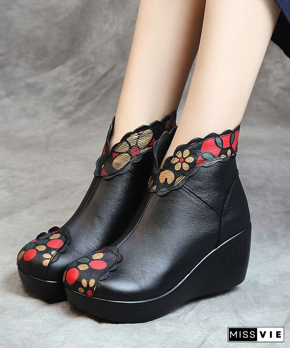 Red Floral Splicing Cowhide Leather Ankle Boots Wedge